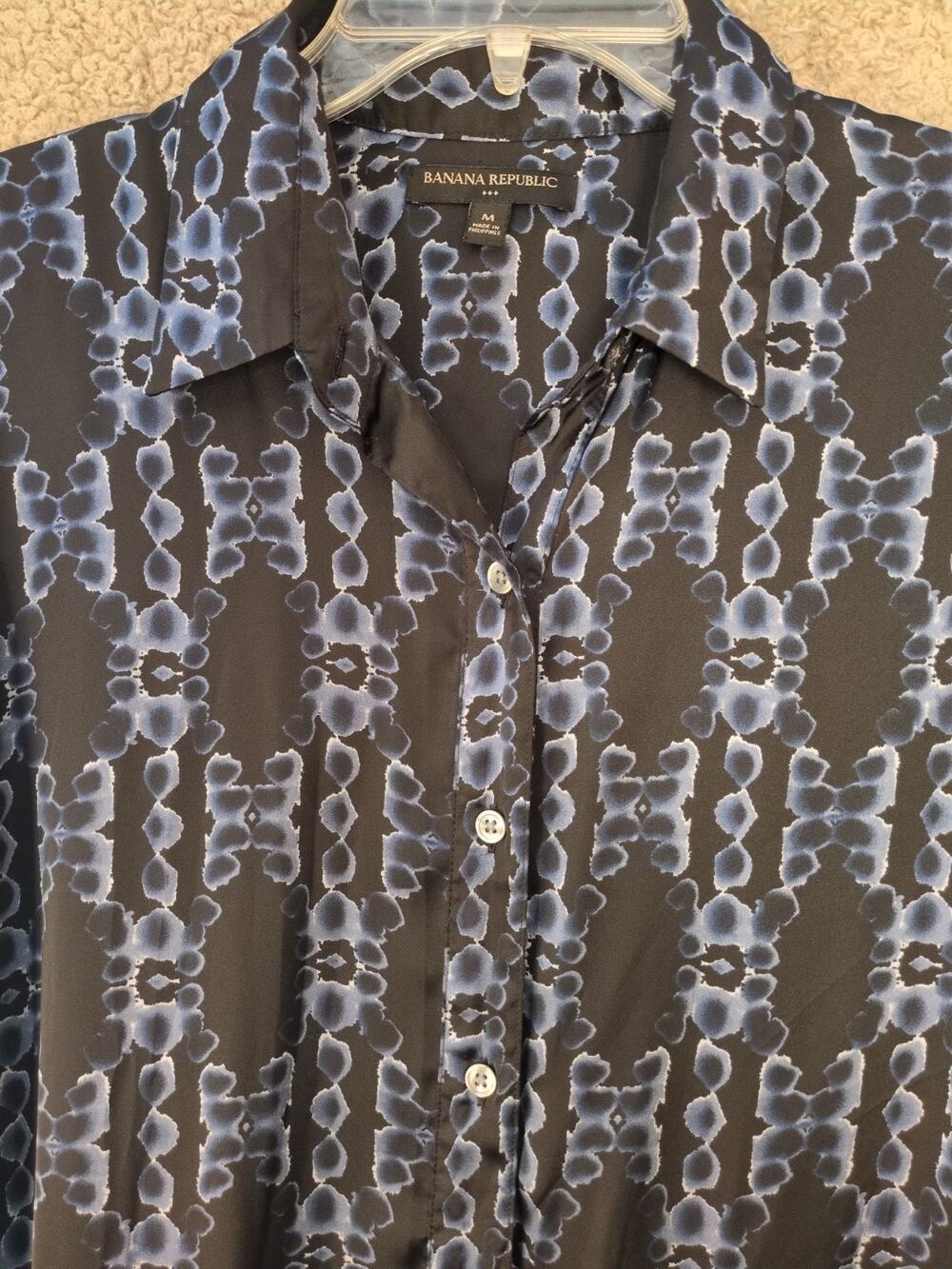 Banana Republic Maxi Shirt Dress Women’s M Black Blue Silky Long Sleeve Button